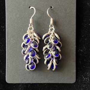 Silver & Deep Blue Cabochon Waterfall Cluster Earrings